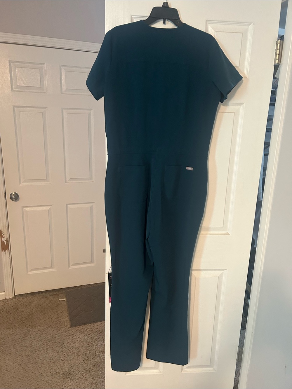 Carribean Blue Scrubs Jumpsuit with Pink Drawstring - Picture 5 of 6